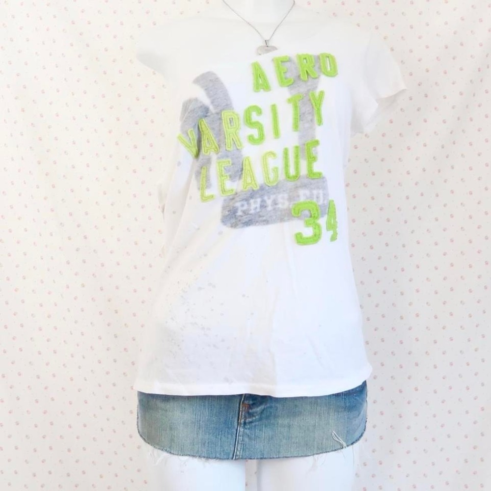 aeropostale varsity graphic t shirt white lime green logo tee medium y2k